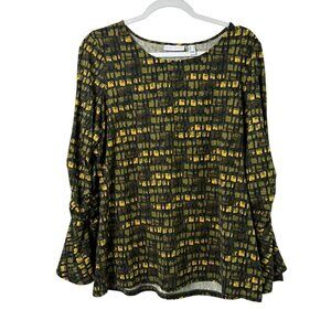 Susan Graver Brushed Liquid Knit Top Size M Green Geometric Ruched Bell Sleeve
